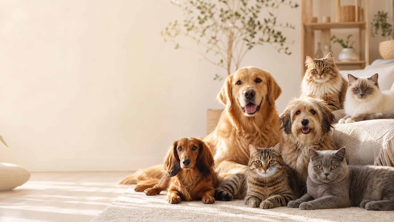 Mehrere Hunde- und Katzenrassen in einem warmen Zuhause