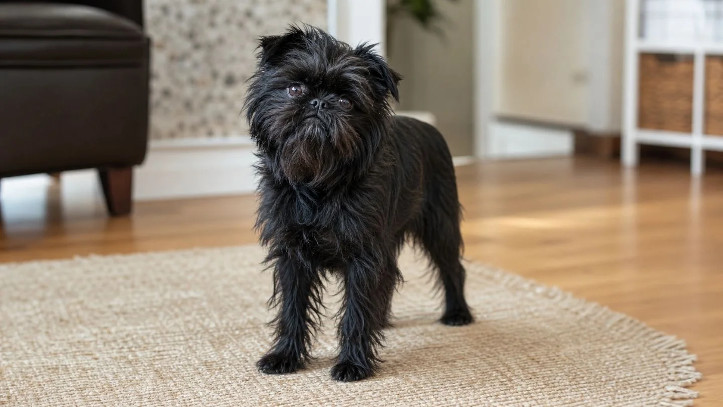 Affenpinscher mit rauem Fell in ruhiger Pose im natürlichen Licht