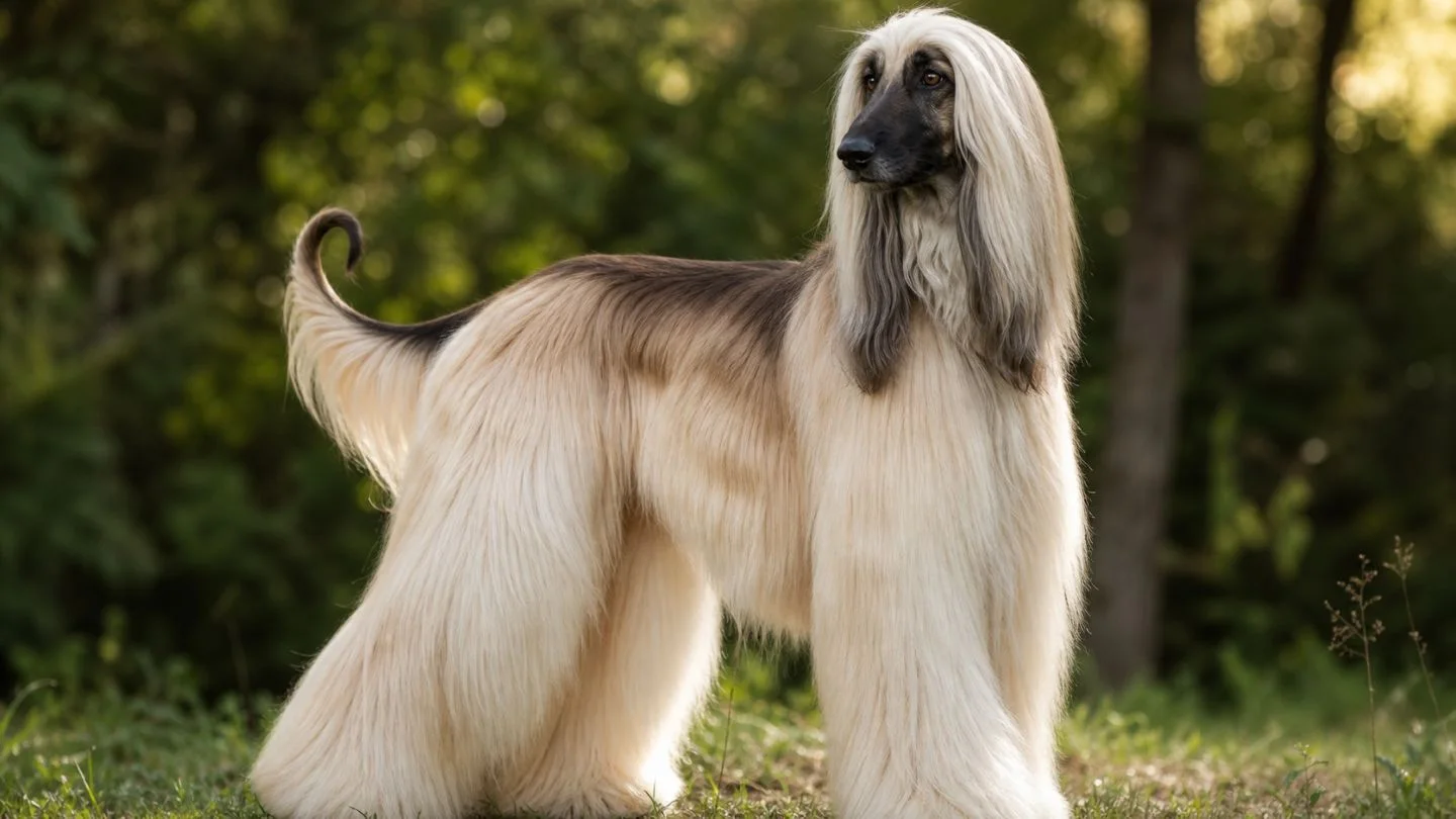 Afghan Hound mit langem, seidigem Fell in natürlicher Umgebung.