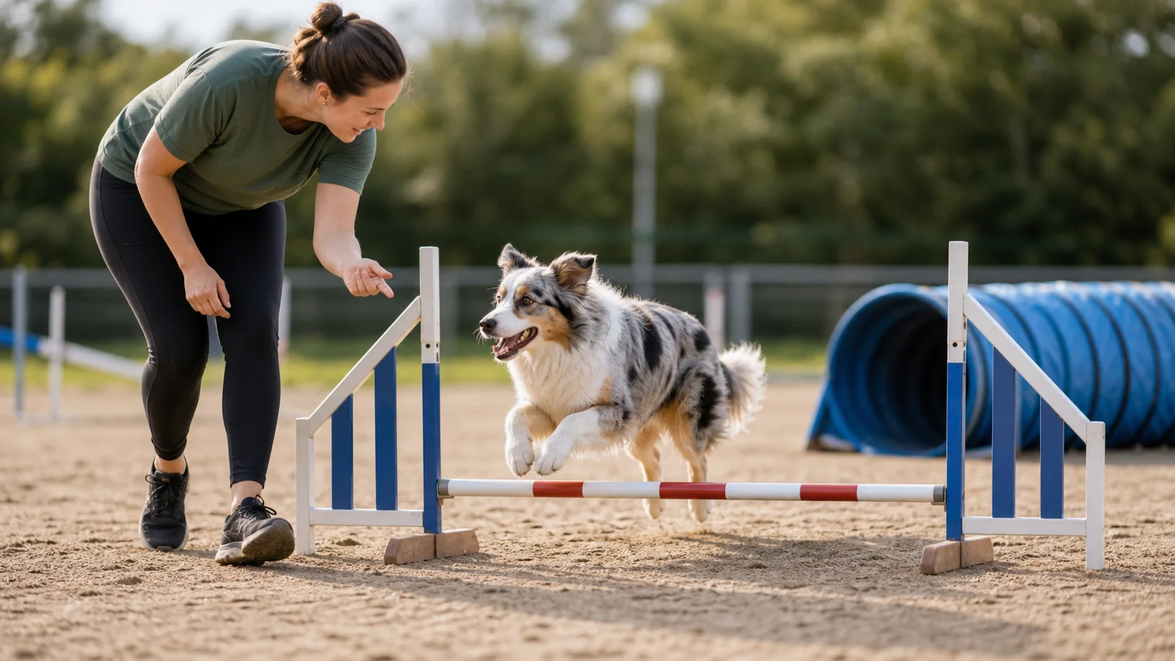 Hund beim Agility-Training für Einsteiger auf einem Hundeplatz mit niedrigem Sprung und Tunnel.