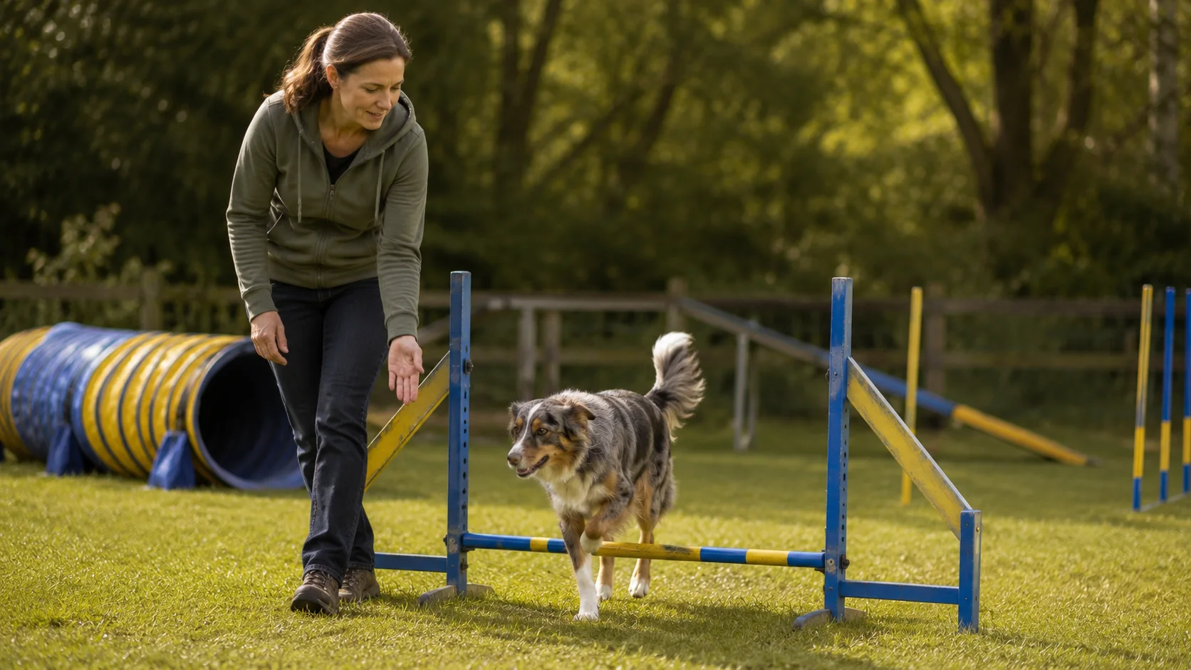 Hund und Halterin beim ruhigen Agility-Training mit niedrigen Hindernissen im Freien.