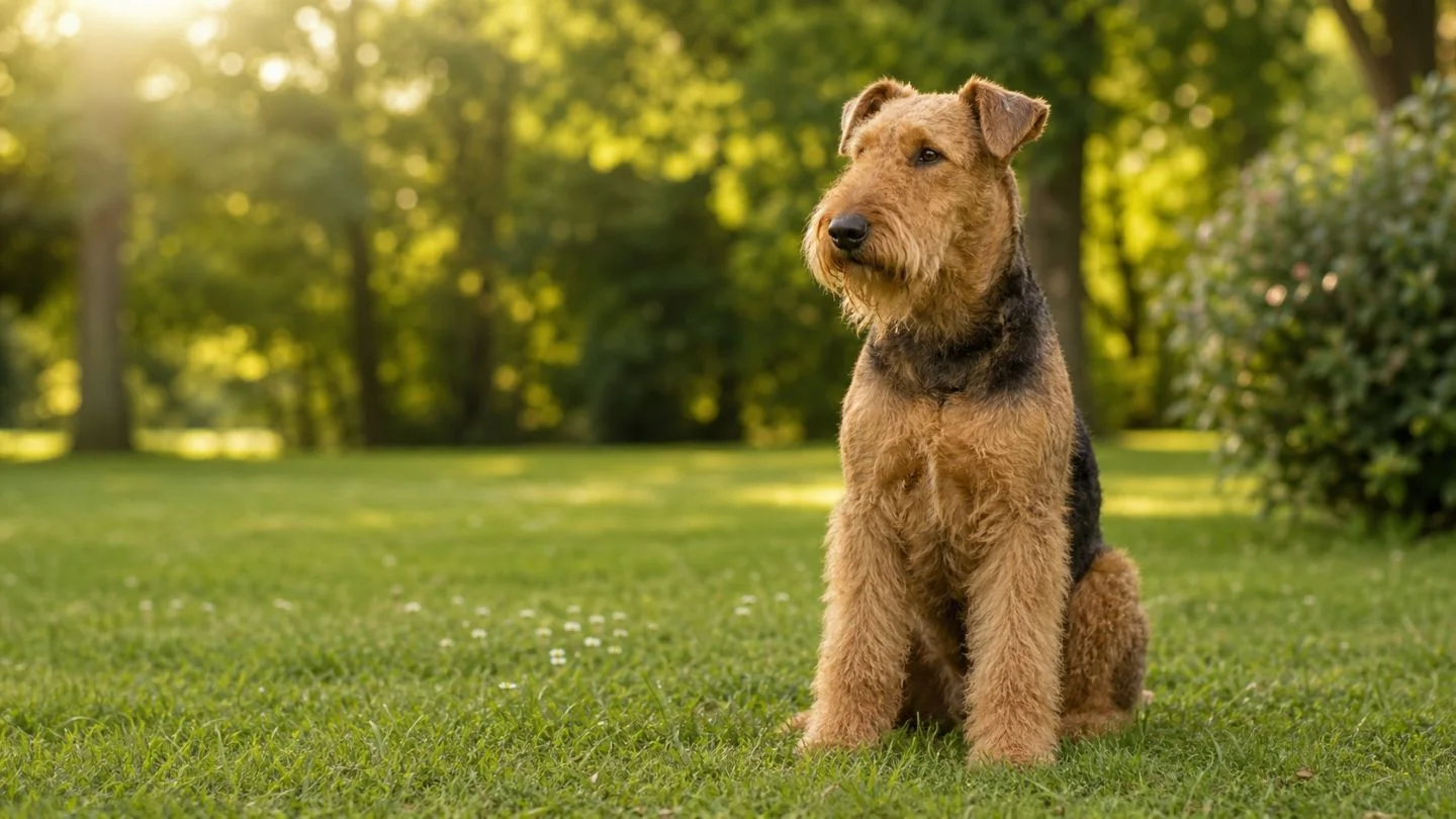 Airedale Terrier sitzt aufmerksam im Grünen im natürlichen Licht