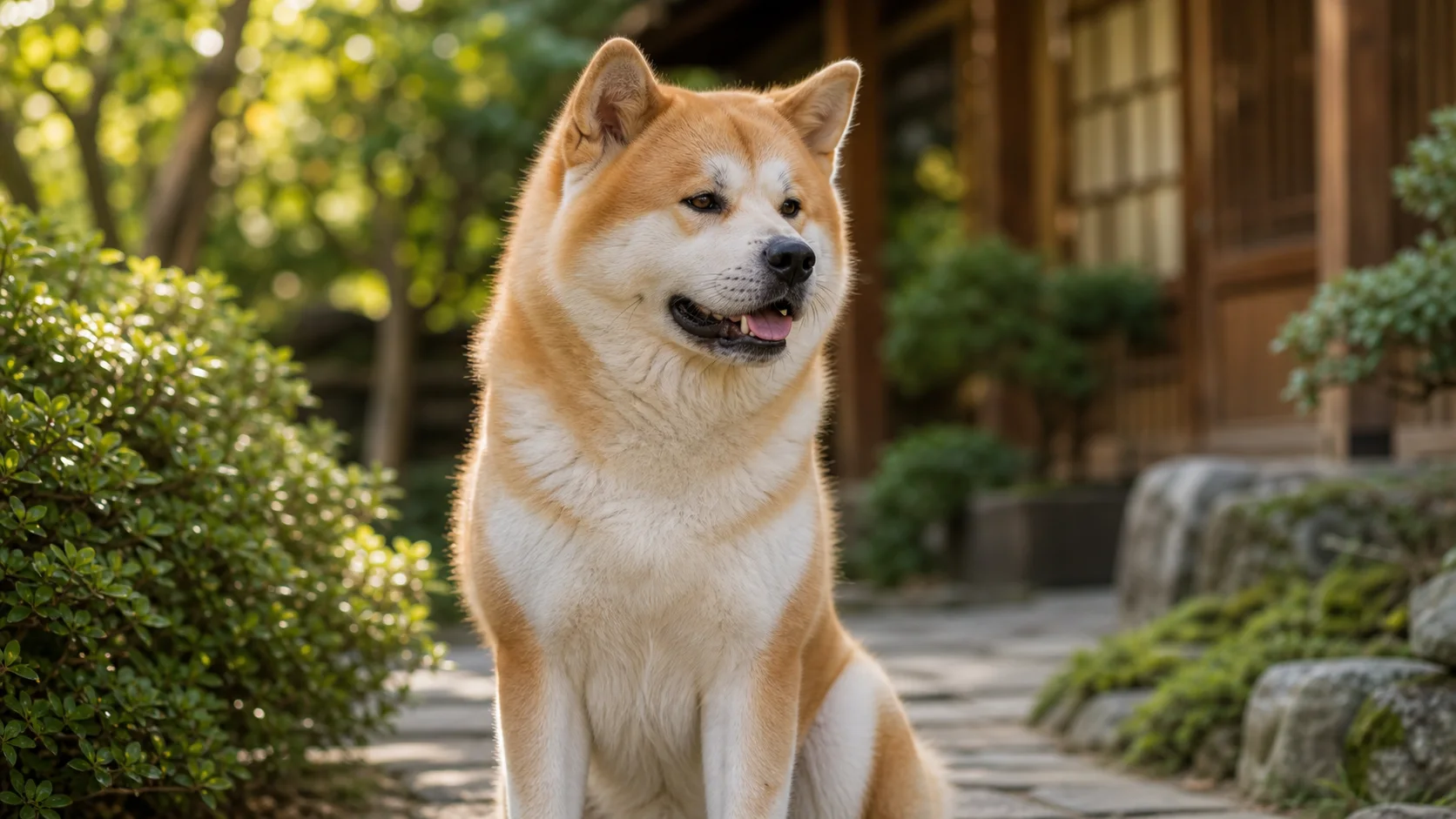 Majestätischer Akita Inu in natürlicher Umgebung im warmen Tageslicht.