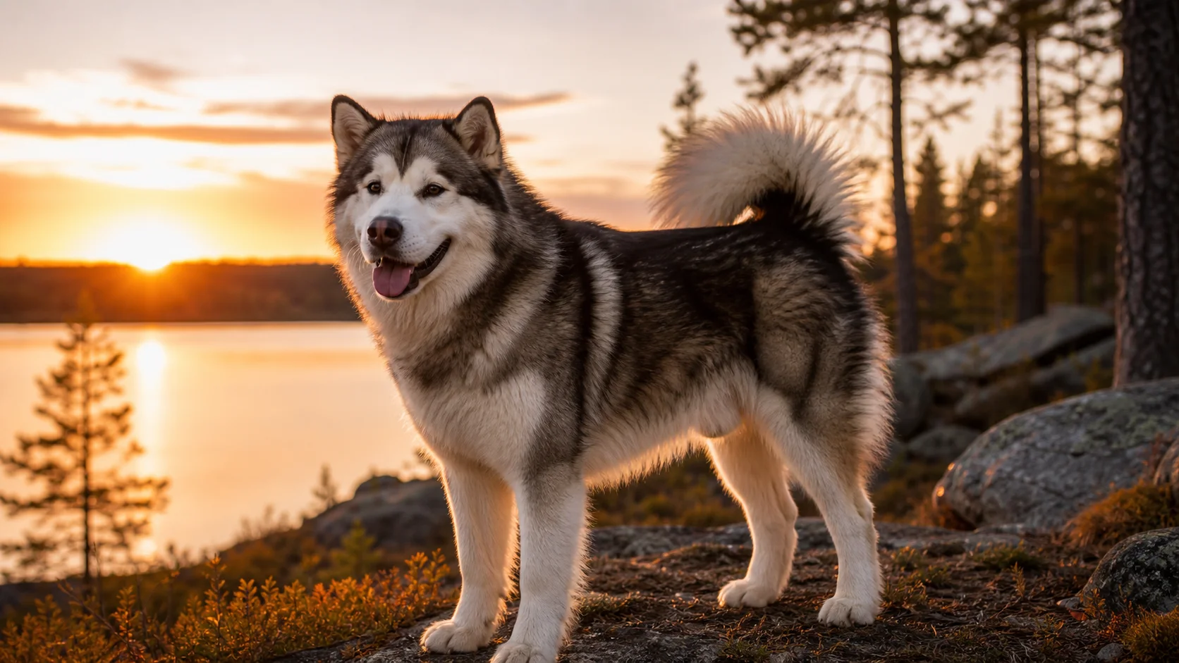 Kräftiger Alaskan Malamute in natürlicher Umgebung im warmen Licht.