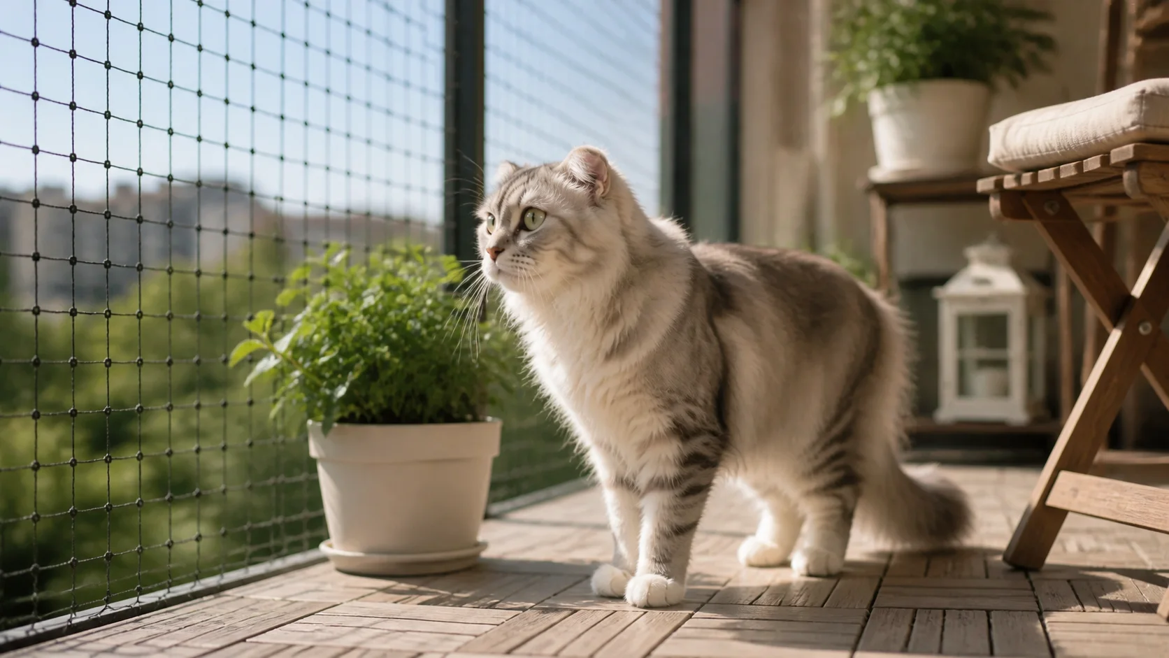 Katze auf einem sicher gesicherten Balkon mit Katzennetz im natürlichen Licht.