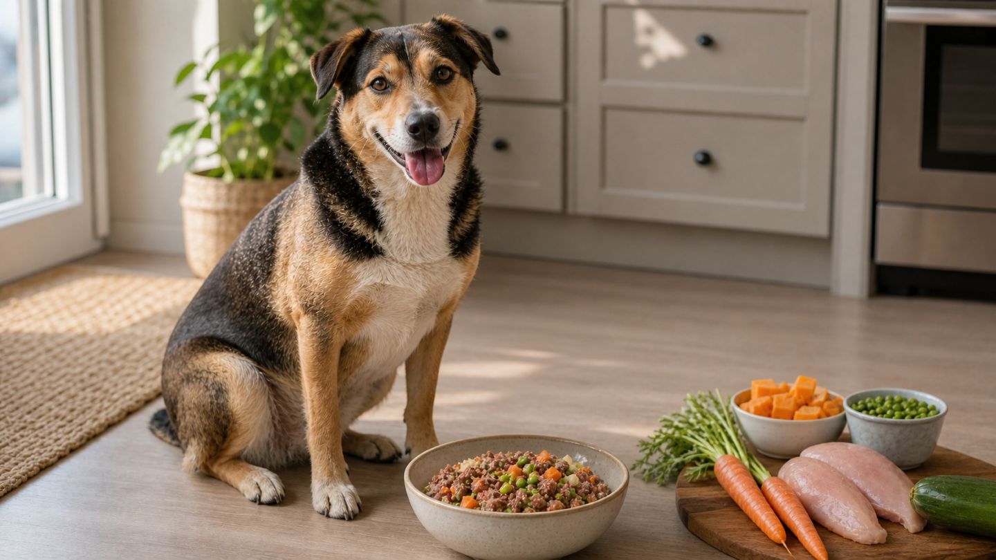 Hund neben einer Schale mit Rohfutter als Artikelbild zu BARF für Hunde