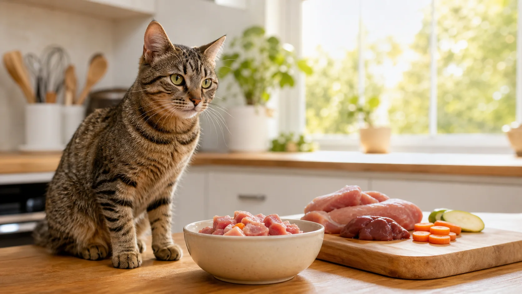 Katze neben einer hygienisch vorbereiteten Rohfutter-Mahlzeit für Katzen