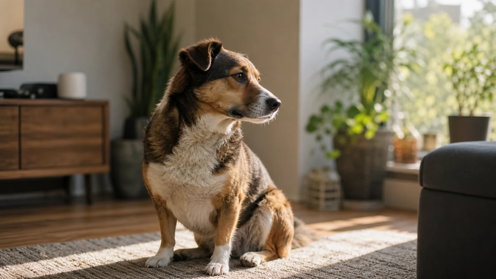 Hund zeigt Beschwichtigungssignale mit abgewandtem Blick und geduckter Haltung in einer ruhigen Alltagssituation.