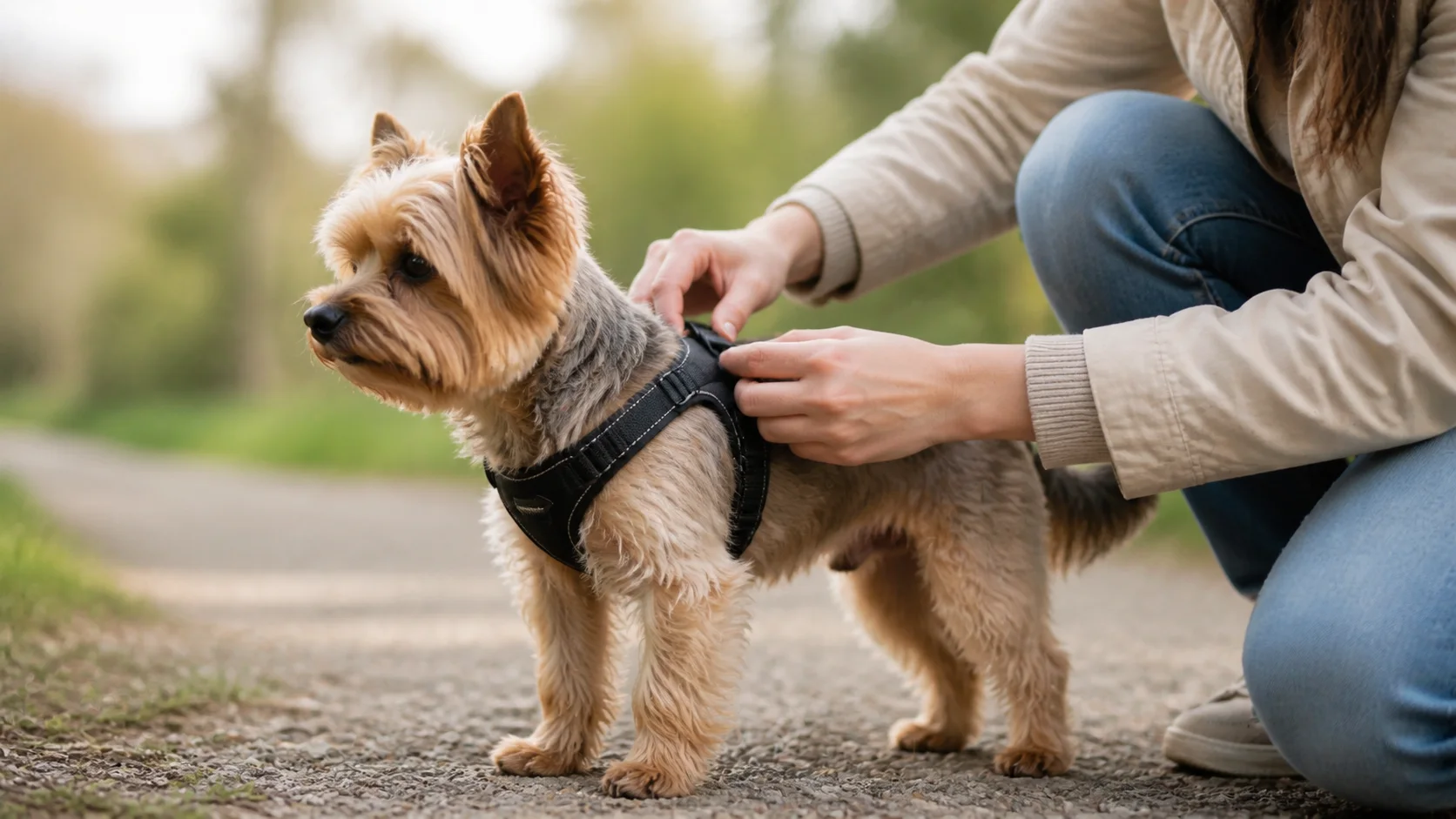 Hund mit gut sitzendem Brustgeschirr bei der Passformkontrolle im Freien