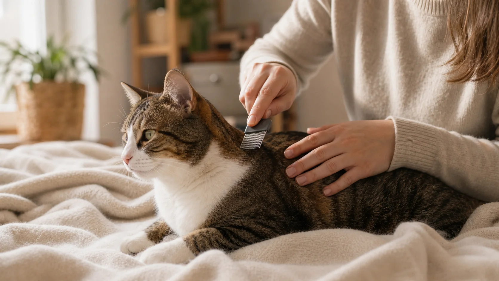 Katze wird mit einem Flohkamm auf Flohbefall untersucht