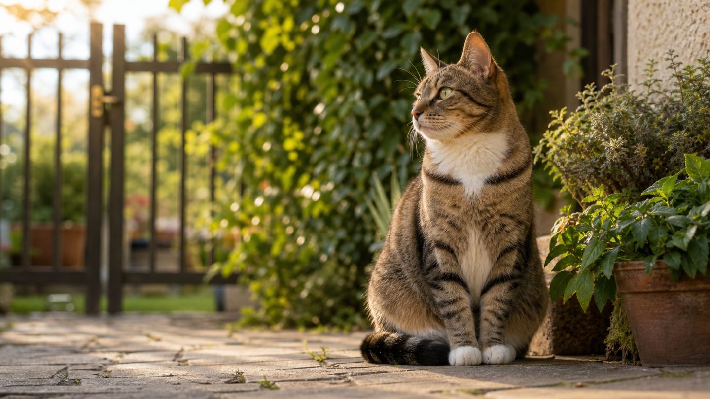 Katze in einem gesicherten Gartenbereich als Symbol für sicheren Freigang.