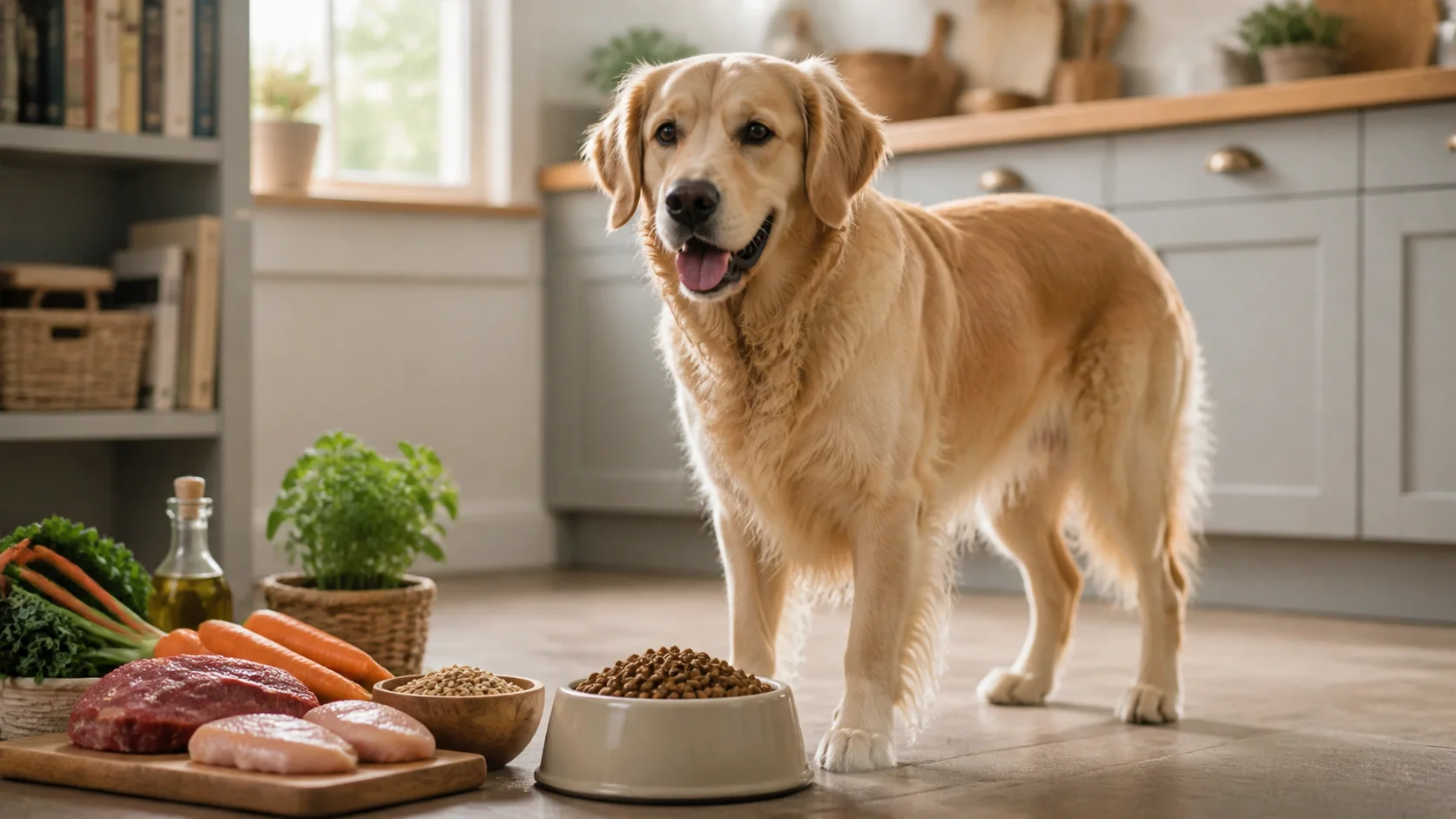 Hündin neben Futterschale mit Hundefutter und natürlichen Zutaten in warmer Alltagsszene.