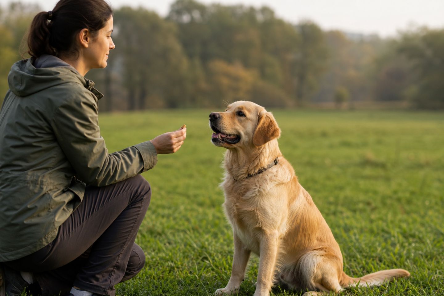 Hund sitzt neben einer Person im Training für Grundkommandos wie Sitz und Komm.