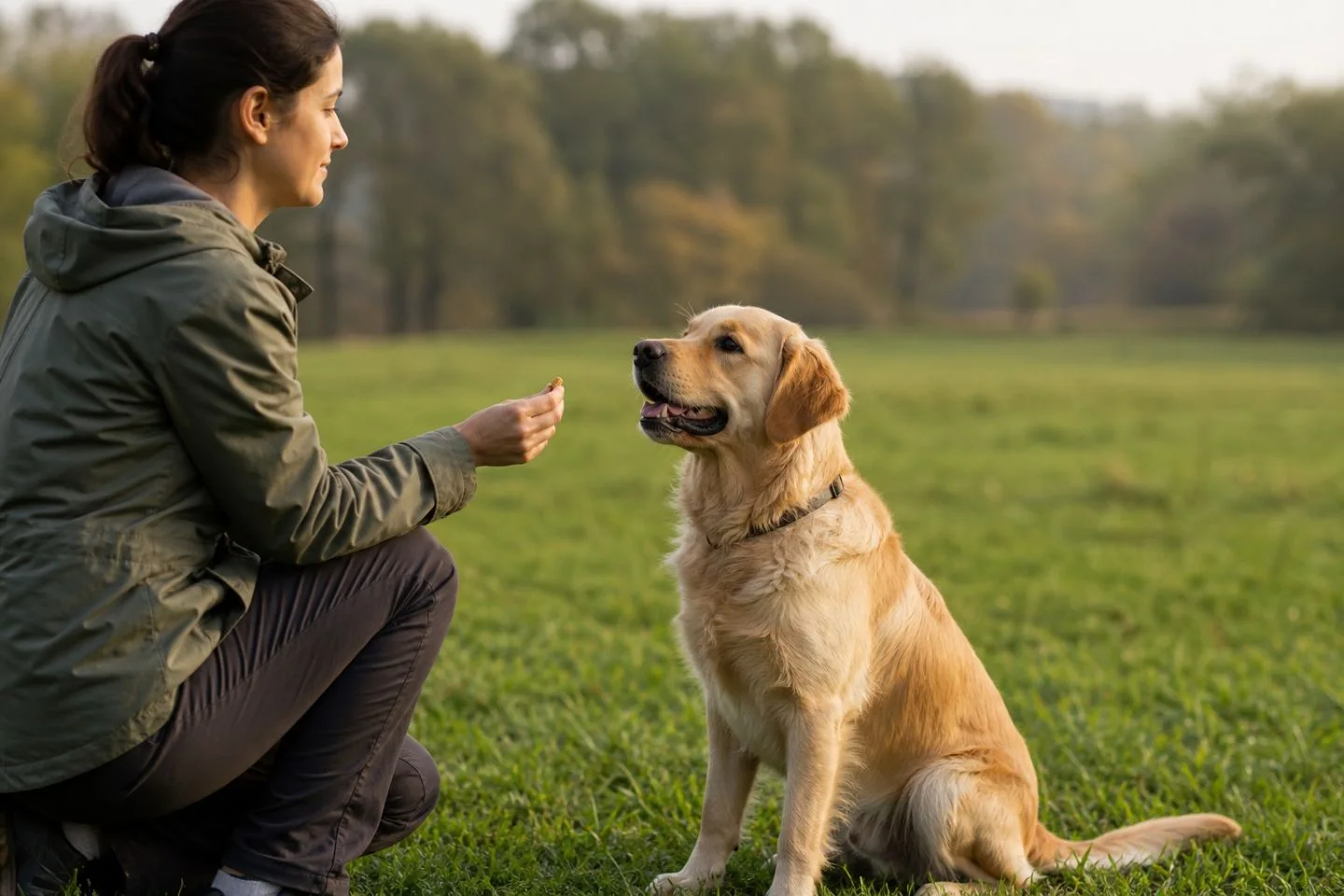 Hund sitzt neben einer Person im Training für Grundkommandos wie Sitz und Komm.