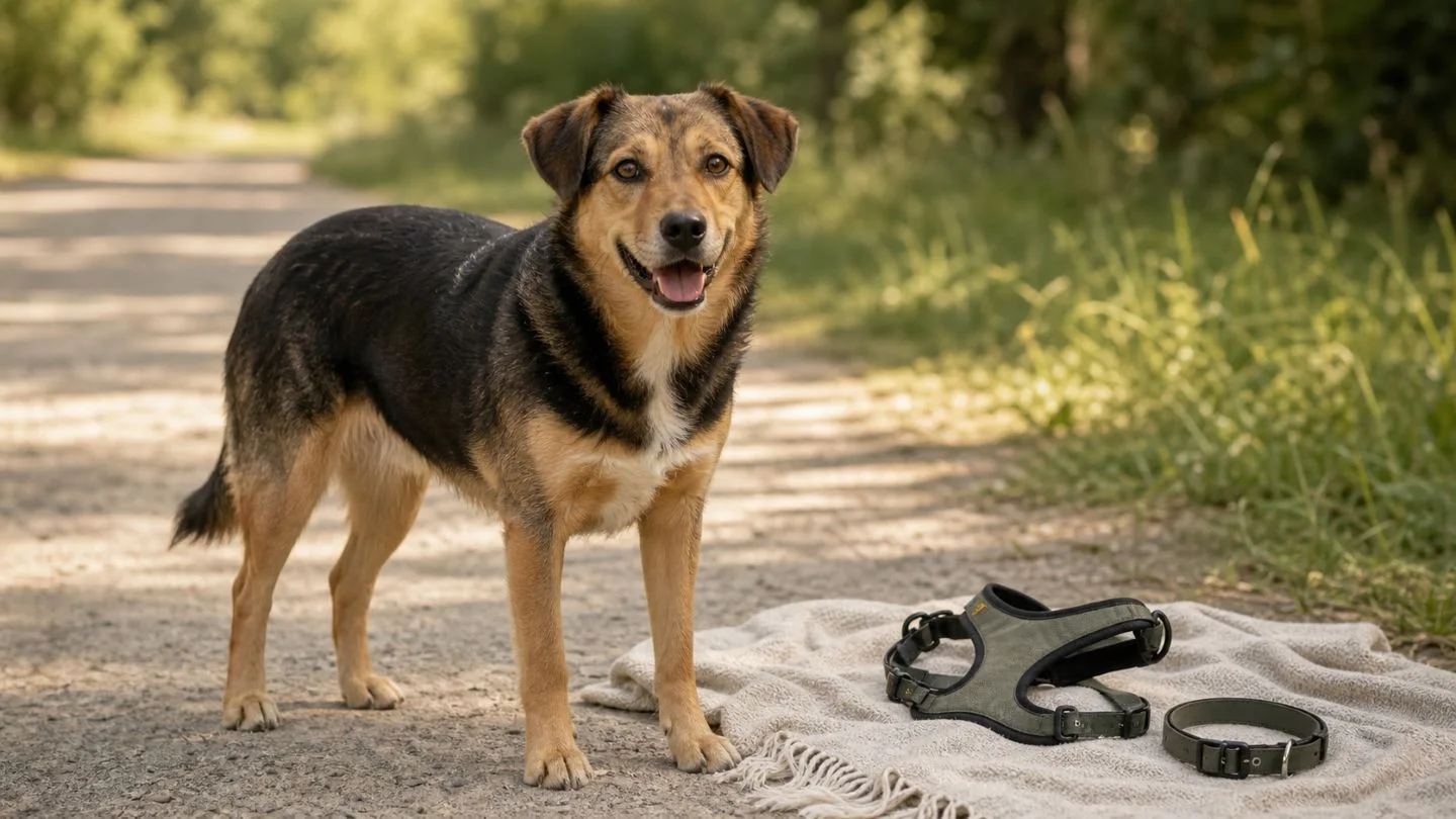 Hund neben Halsband und Geschirr im natürlichen Tageslicht