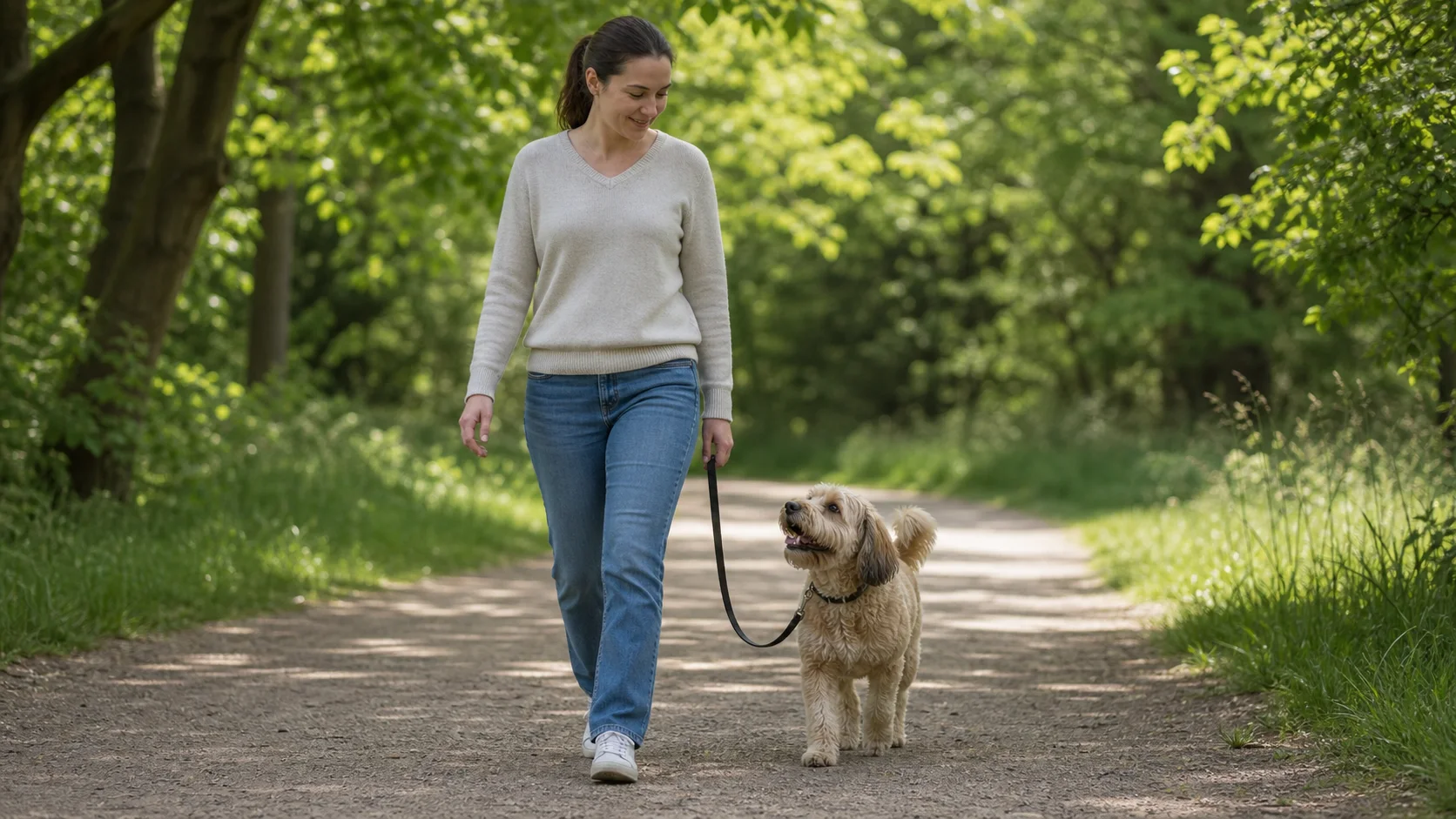 Hund läuft entspannt an lockerer Leine neben einer Person im Grünen.