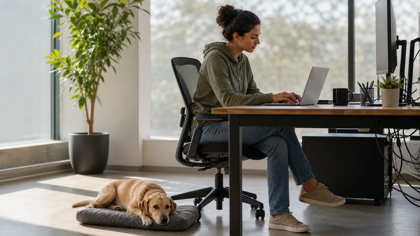Hund liegt entspannt auf einer Matte im Büro neben einer arbeitenden Person.