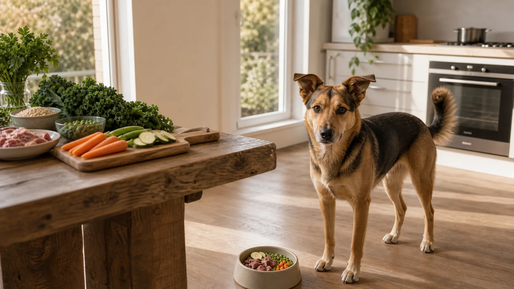 Hund neben einem Napf mit ausgewogener Fleischmahlzeit in heller Küche