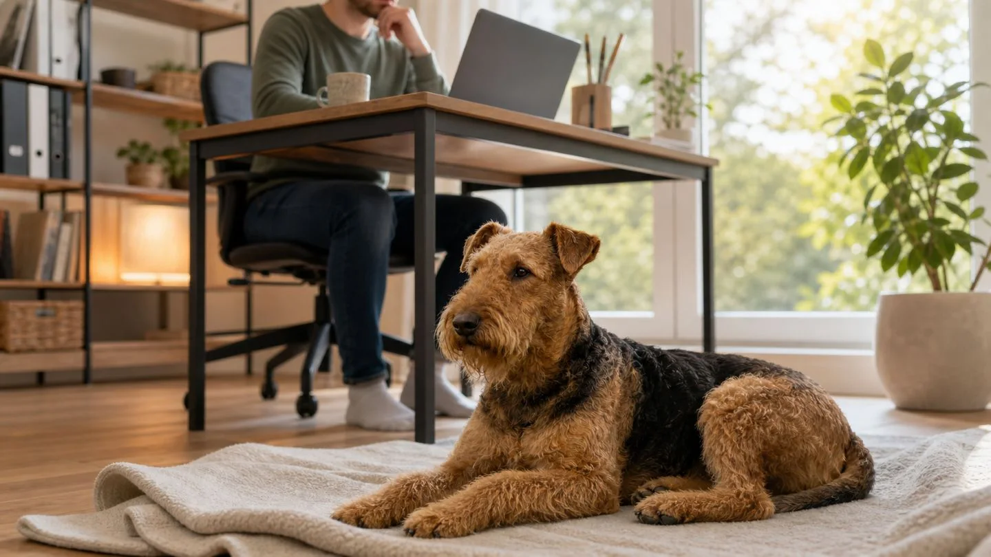 Ruhiger Hund liegt entspannt im Homeoffice neben dem Schreibtisch.