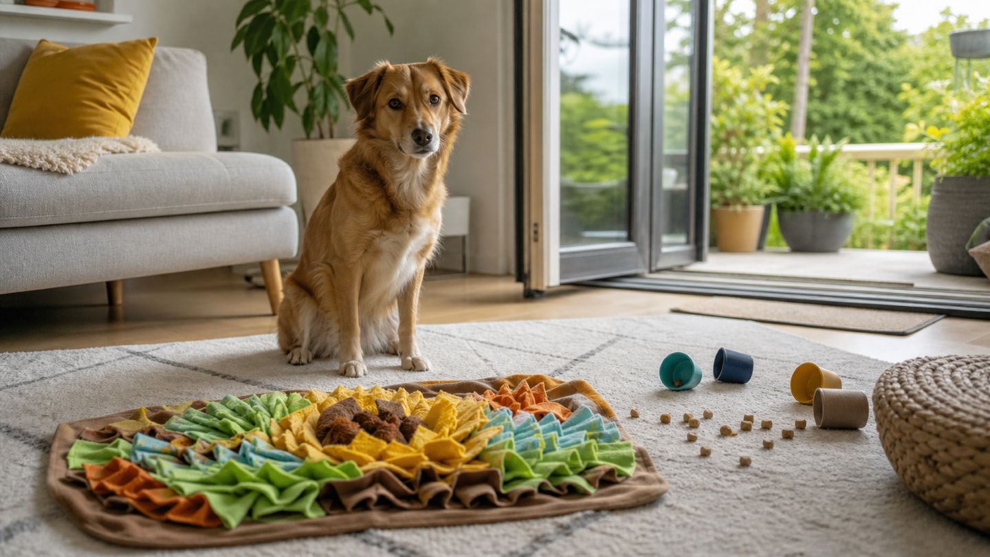Hund beschäftigt sich drinnen mit einem Schnüffelteppich und Suchspiel.