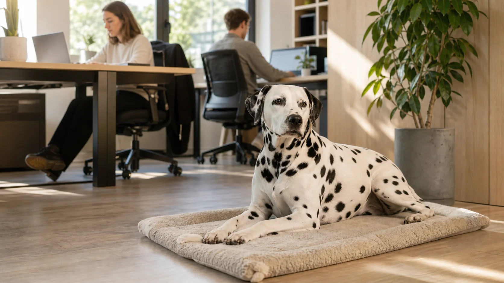 Ruhiger Hund liegt entspannt auf einer Decke neben dem Schreibtisch im Büro.