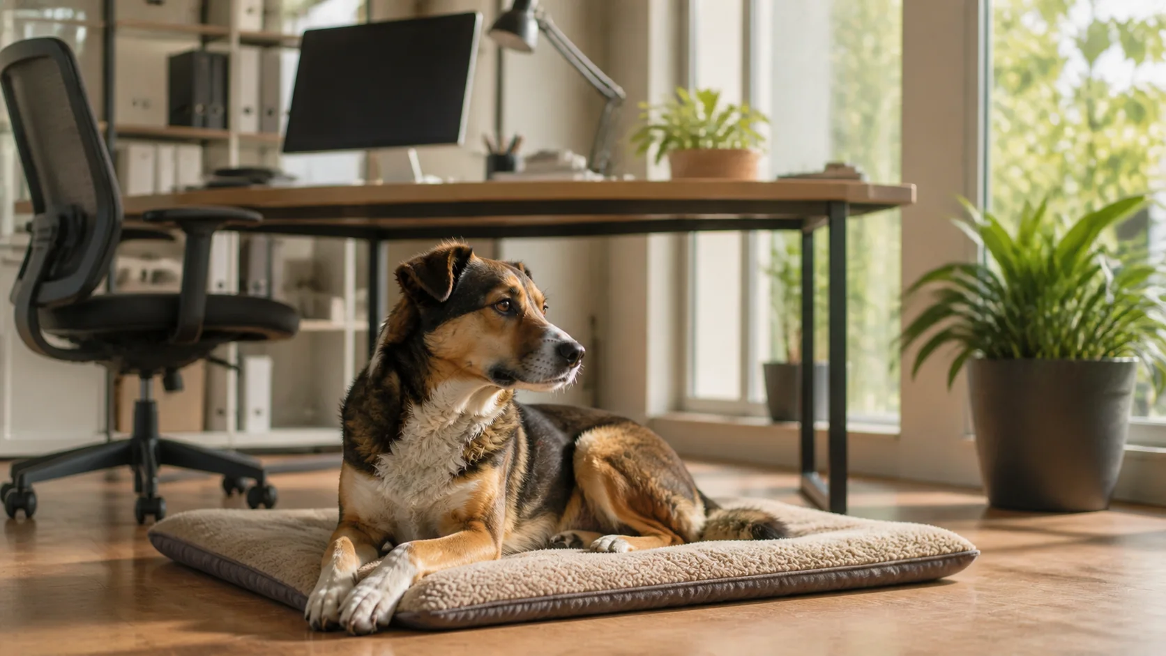 Ruhiger Hund liegt entspannt auf einer Decke neben einem Schreibtisch im Büro.