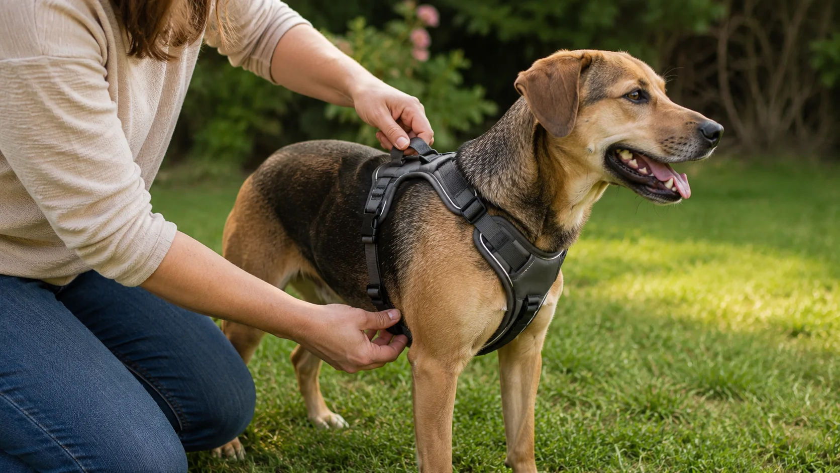 Person passt einem Hund draußen ein Hundegeschirr an