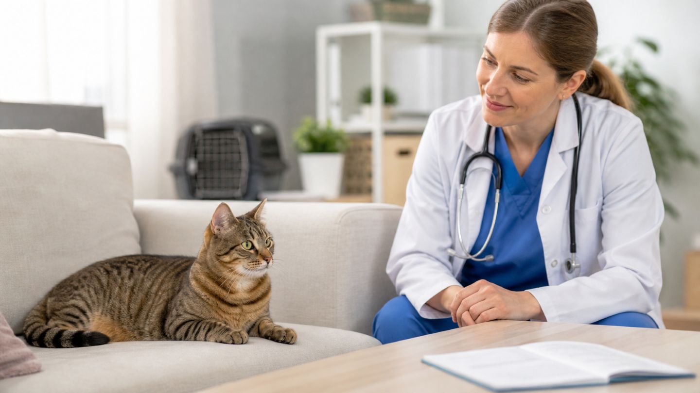 Katzenbesitzerin mit Katze und Impfpass beim Tierarzttermin