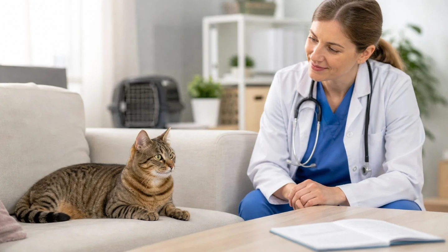 Katzenbesitzerin mit Katze und Impfpass beim Tierarzttermin