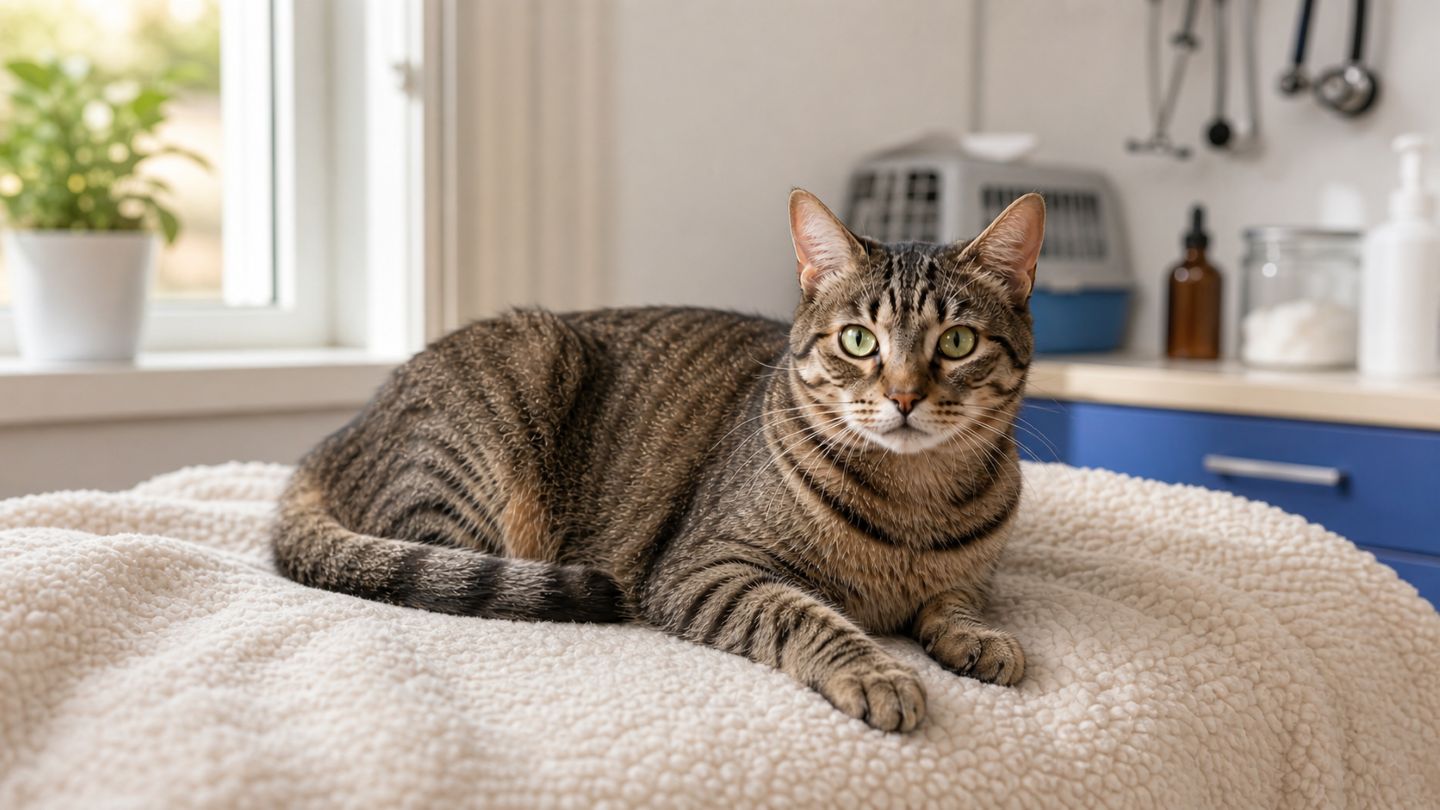 Entspannte Katze nach der Kastration auf einer weichen Decke in natürlichem Licht.