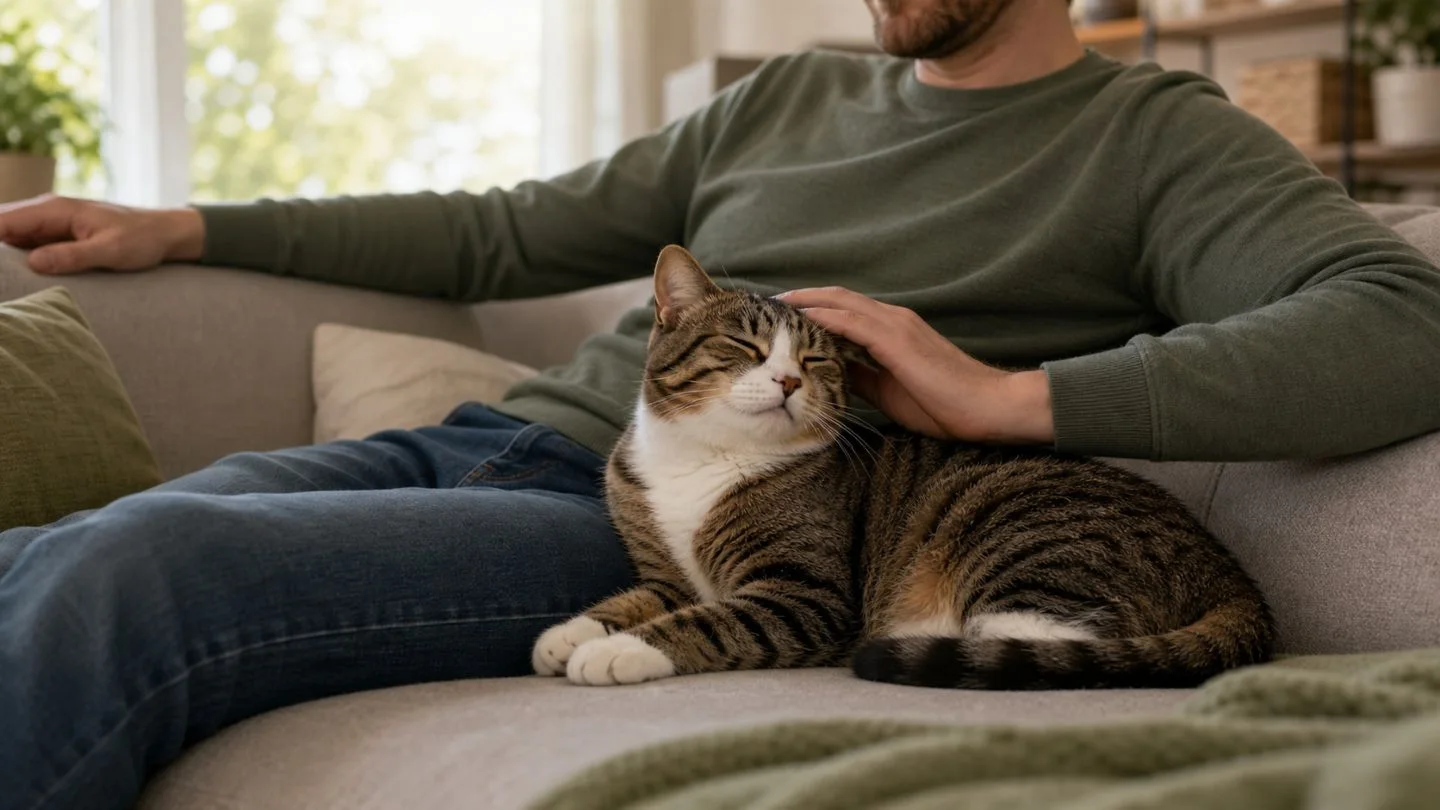 Entspannte Katze schnurrt auf einem Sofa im natürlichen Licht