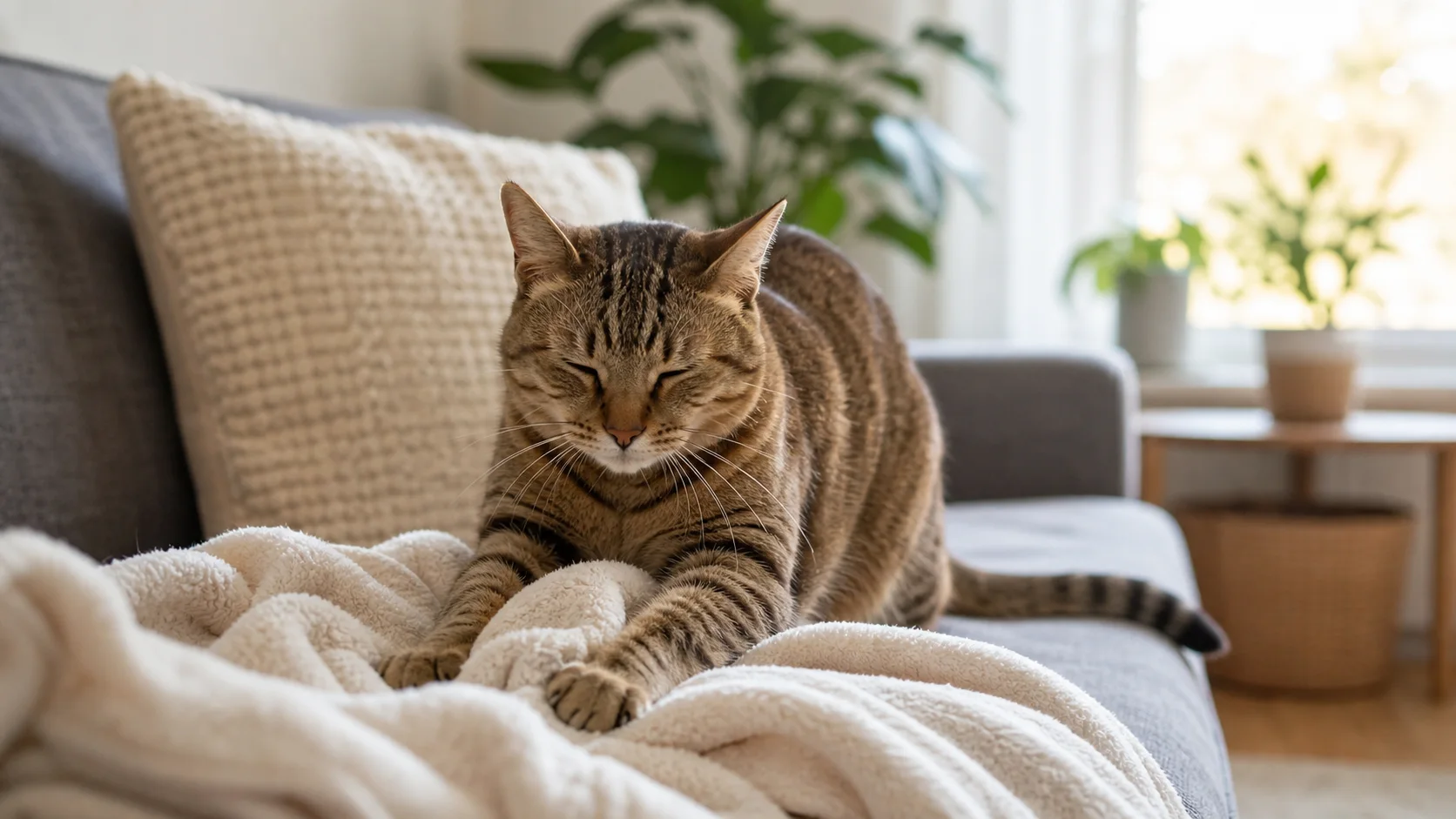 Entspannte Katze knetet mit den Vorderpfoten auf einer weichen Decke auf dem Sofa.