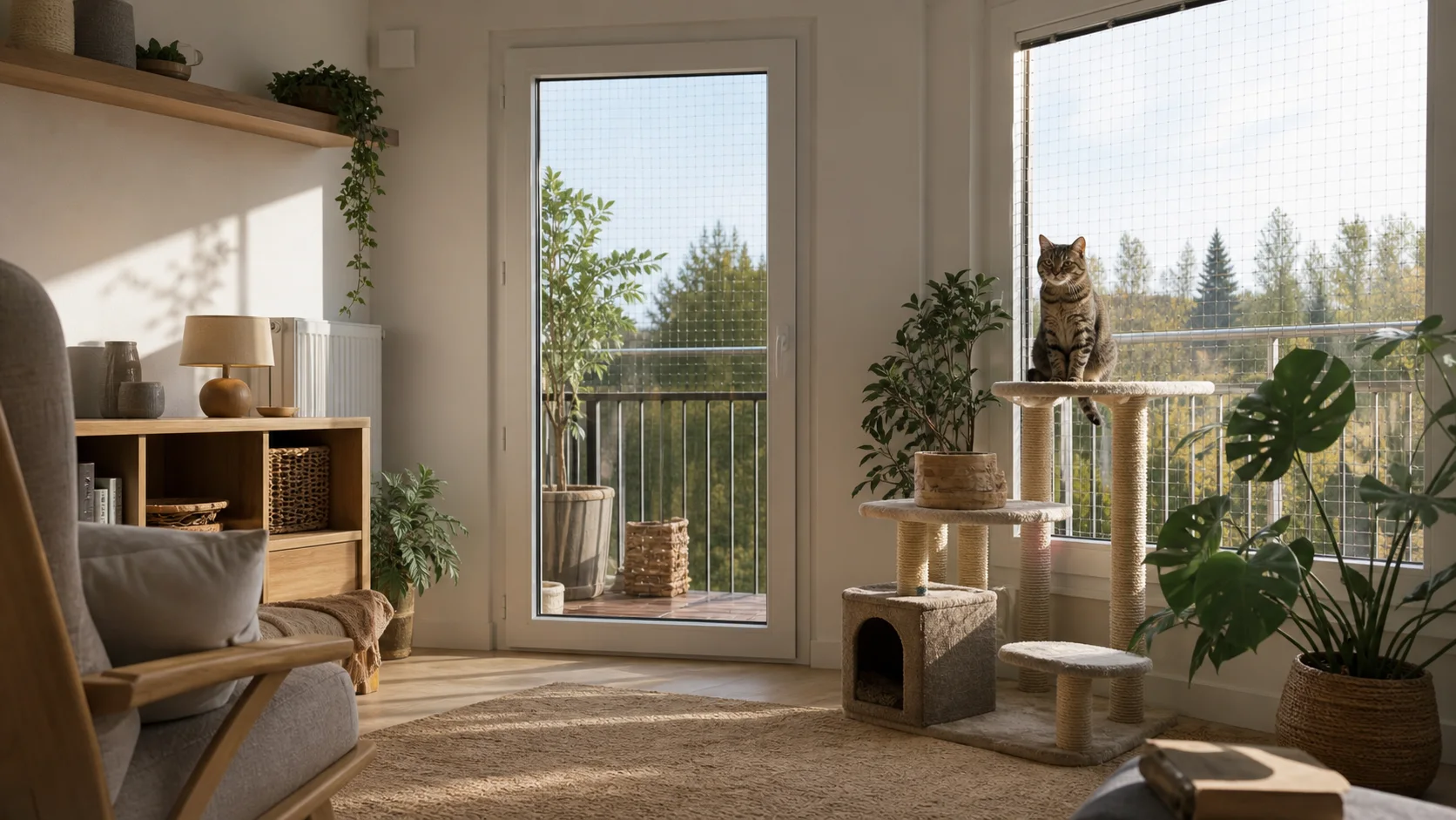Hauskatze in sicher eingerichteter Wohnung mit gesichertem Fenster und Kratzbaum