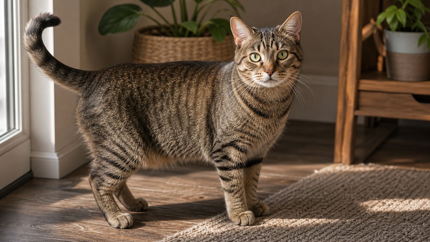 Ruhige Katze mit sichtbarem Schwanz, aufmerksamen Ohren und klaren Augen im warmen Tageslicht.