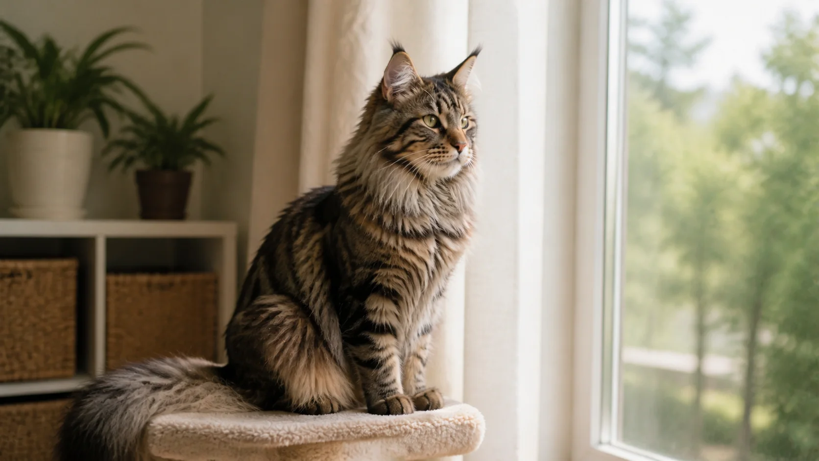 Maine Coon Katze in hellem Wohnraum, fotorealistisch und natürlich