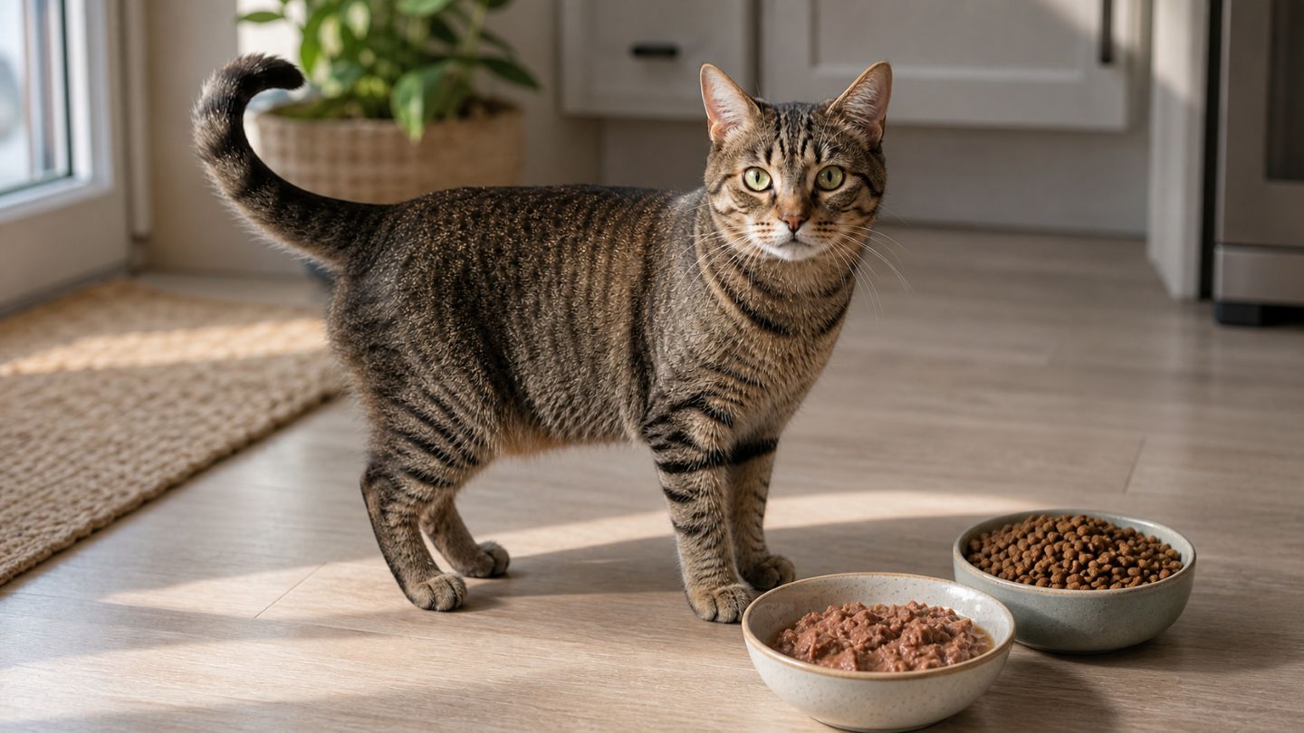 Katze neben Nassfutter und Trockenfutter im Vergleich