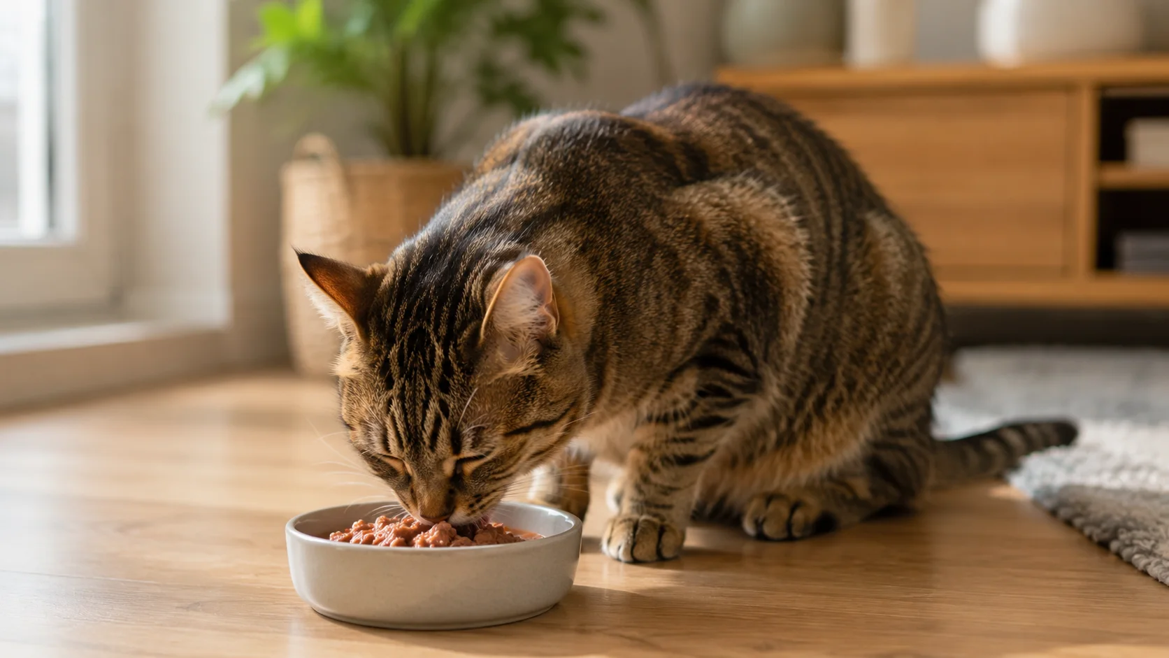 Katze frisst Nassfutter aus einem Napf in ruhiger Wohnumgebung.
