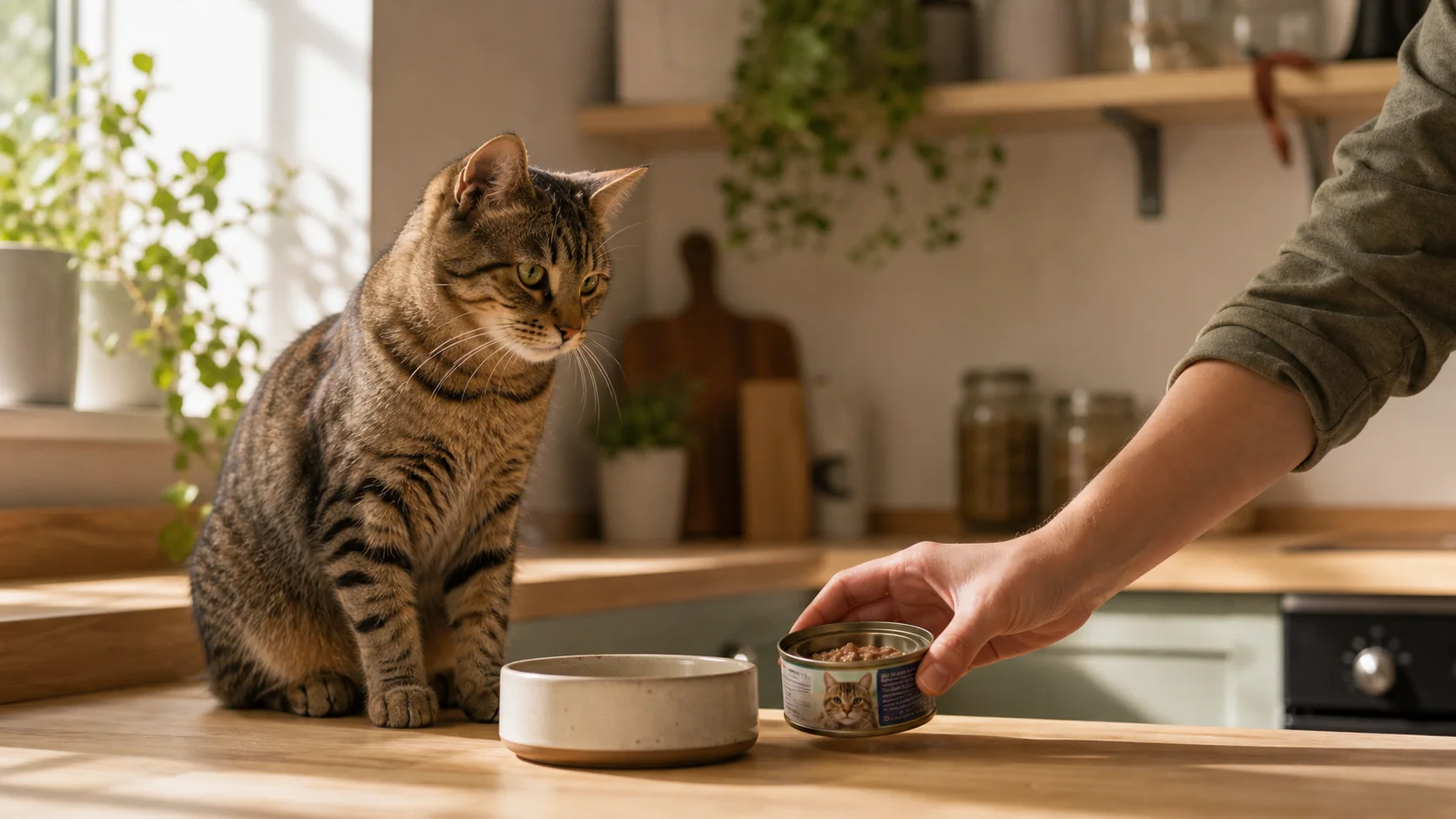 Katze in der Küche neben einem Napf mit Nassfutter, während eine Hand eine Futterdose bereitstellt.