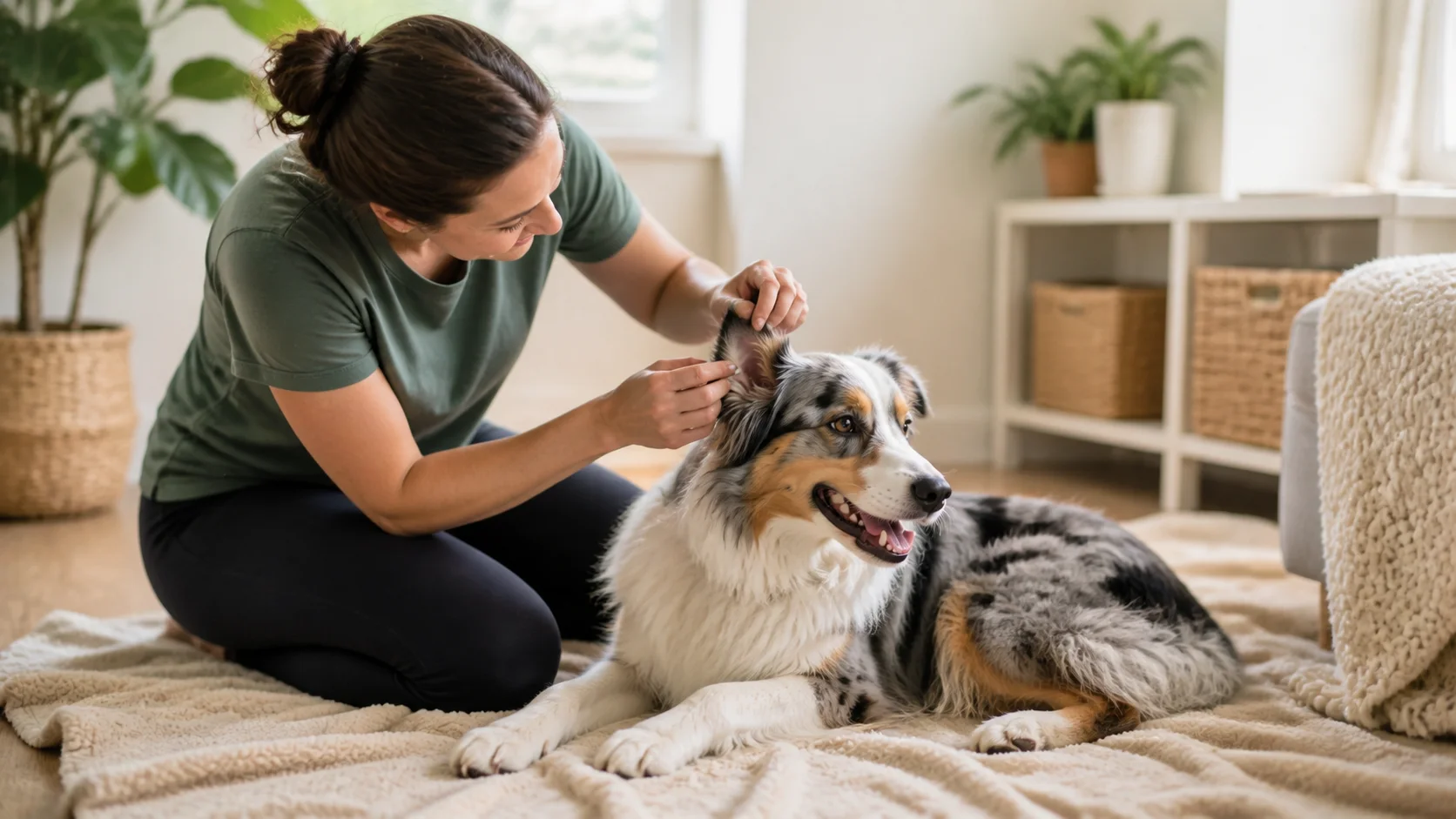 Hund wird vorsichtig am Ohr kontrolliert, Thema Ohrenpflege beim Hund.