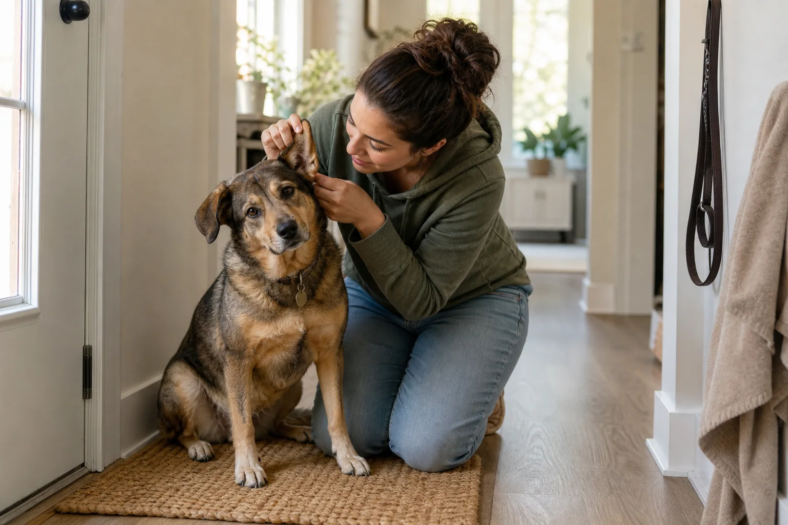 Hundehalterin kontrolliert vorsichtig das Ohr eines Hundes im Alltag
