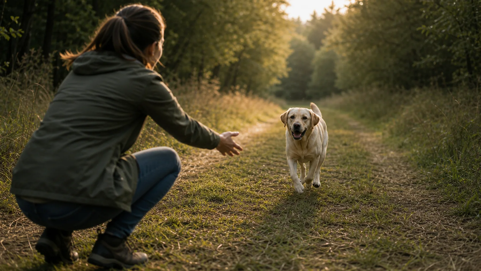 Hund läuft beim Rückruftraining freudig auf seine Halterin zu.