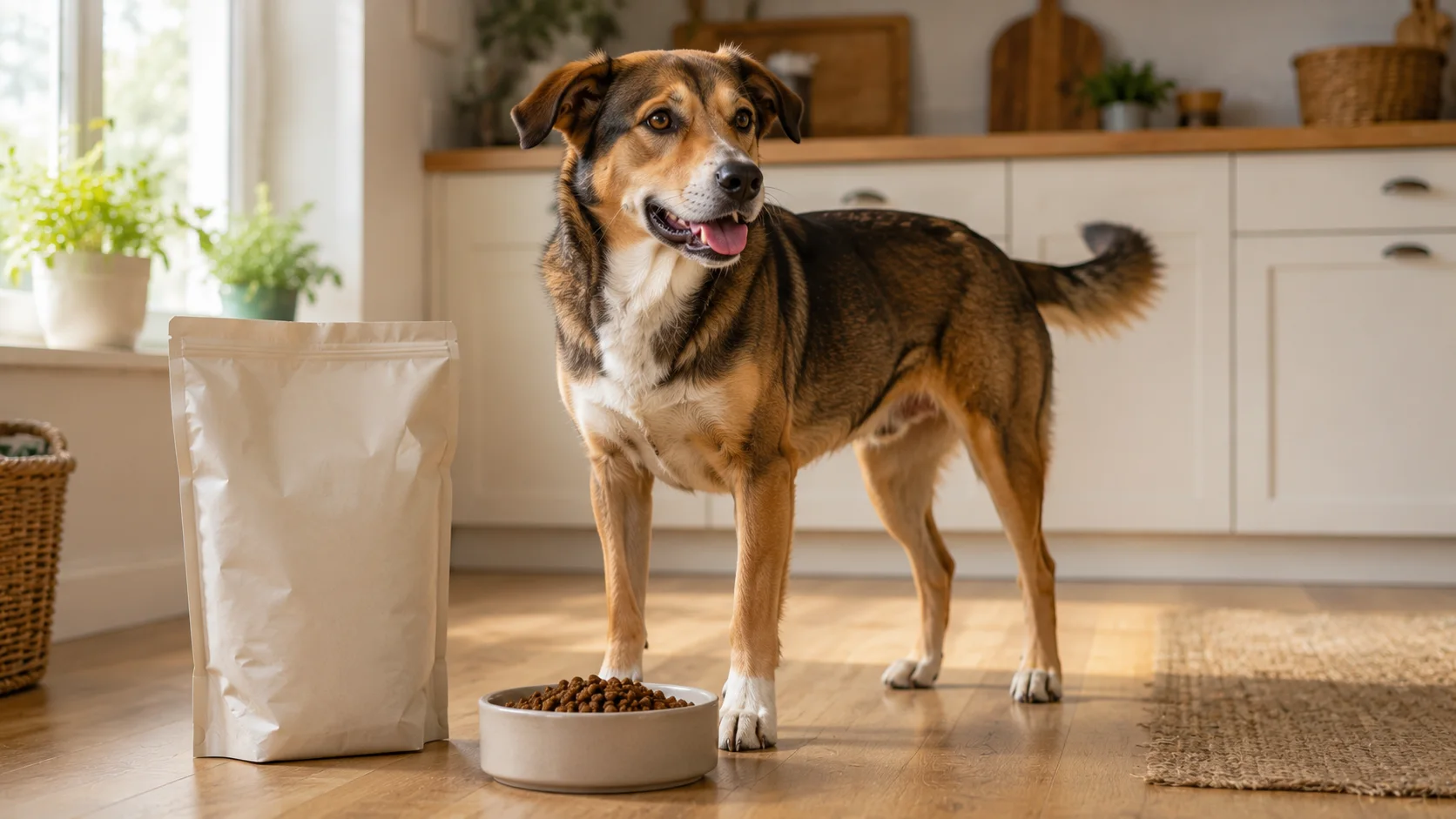 Hund neben einer Schale Trockenfutter und Futterverpackung in natürlicher Alltagsszene.