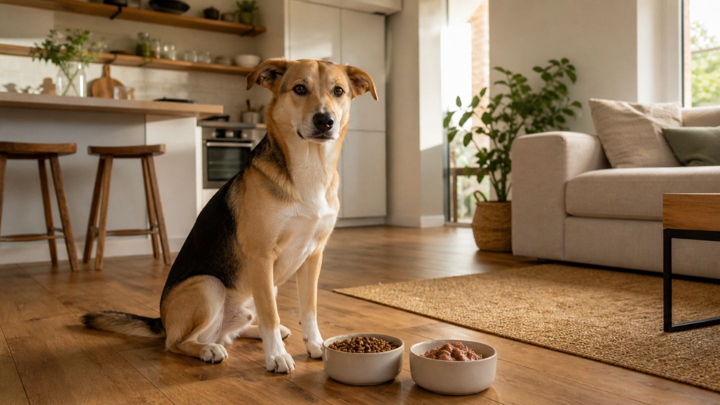 Hund neben Schalen mit Trockenfutter und Nassfutter in heller Küche.