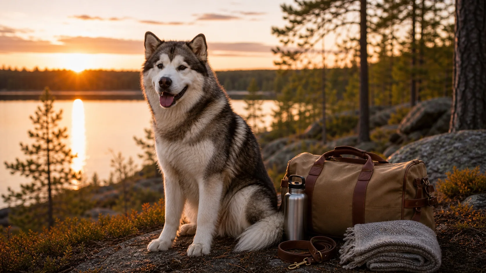 Hund neben gepackter Reisetasche für den Urlaub, ruhige Reiseszene