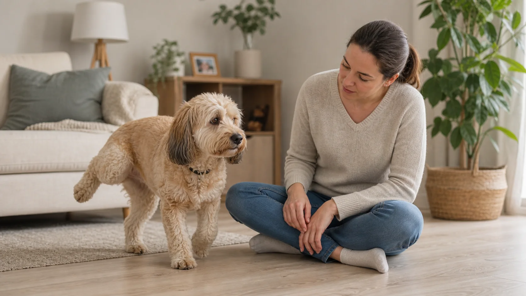 Hund hinkt leicht in einer hellen Wohnumgebung, während eine Person die Pfote vorsichtig prüft.