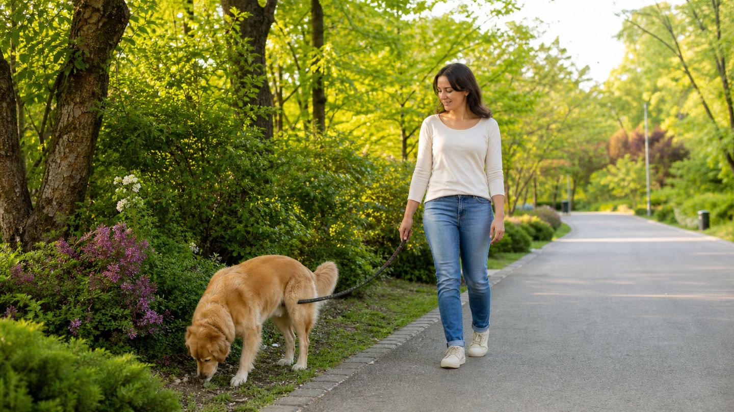 Frau geht mit einem Hund entspannt im Park spazieren