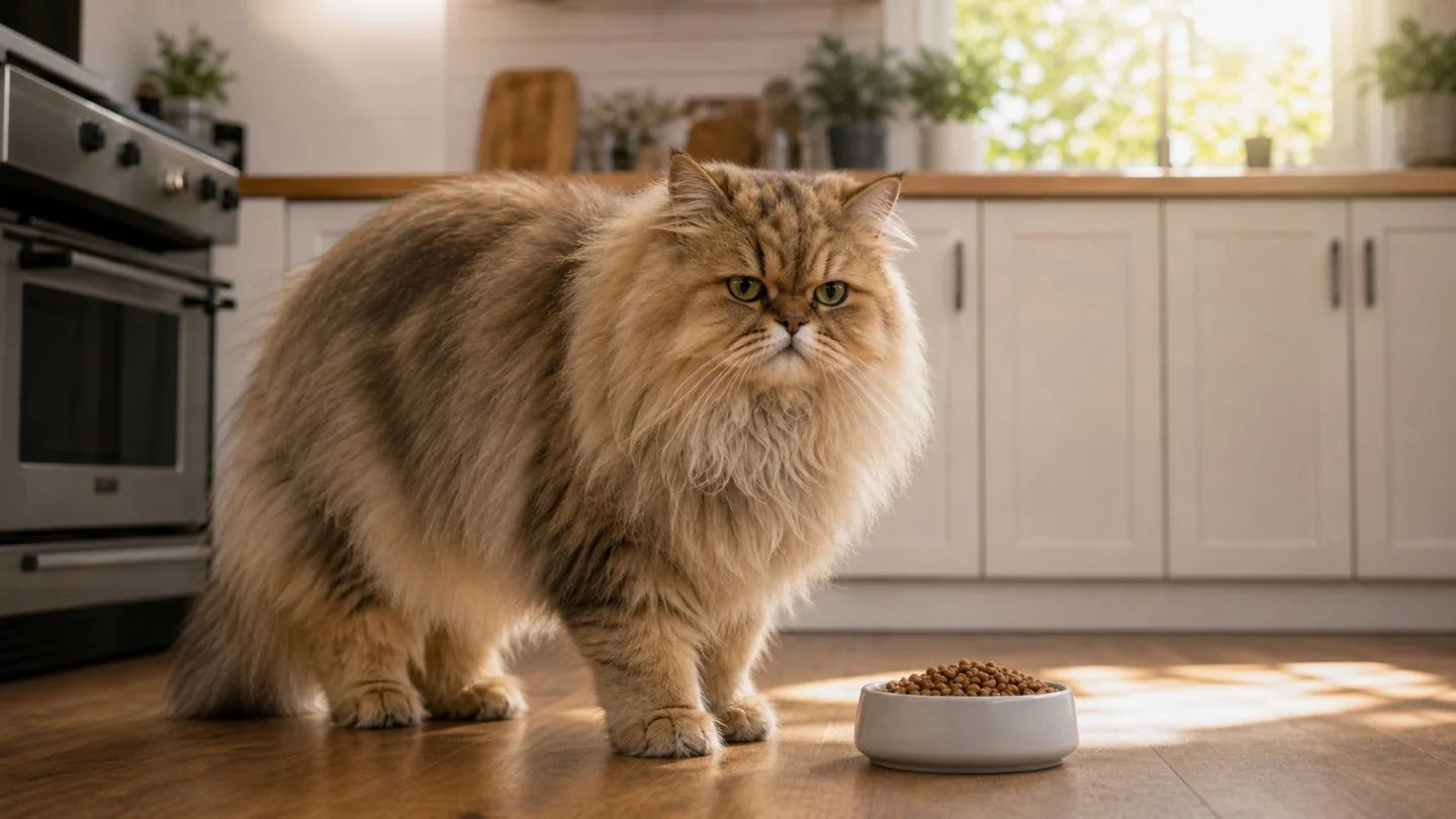 Hauskatze neben einer abgemessenen Portion Katzenfutter in einer hellen Wohnungsküche.