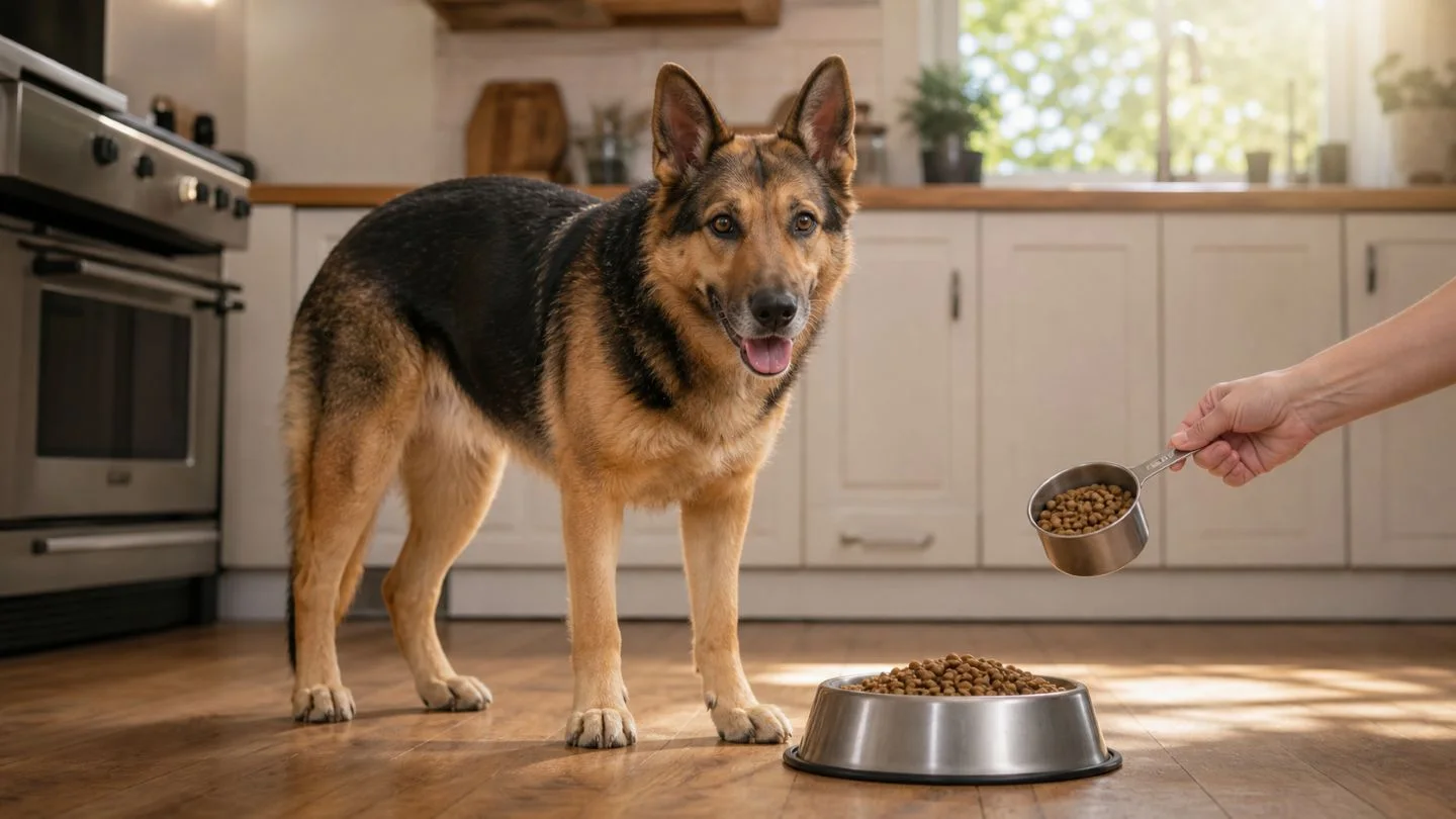 Hund neben abgewogenem Hundefutter in einer hellen Küche