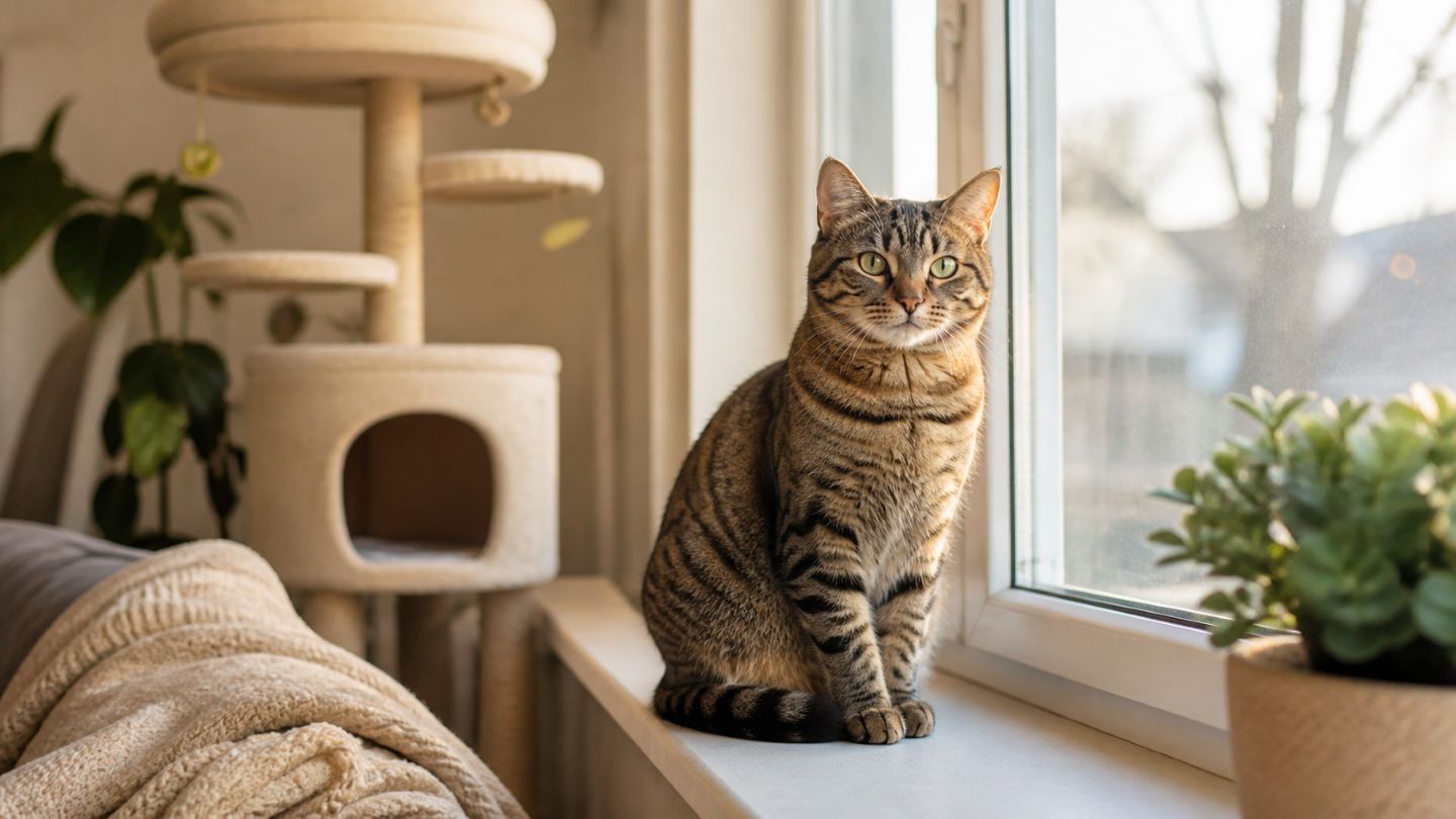 Getigerte Katze sitzt in einer hellen Wohnung auf der Fensterbank, passend zum Thema Wohnungskatze oder Freigänger.