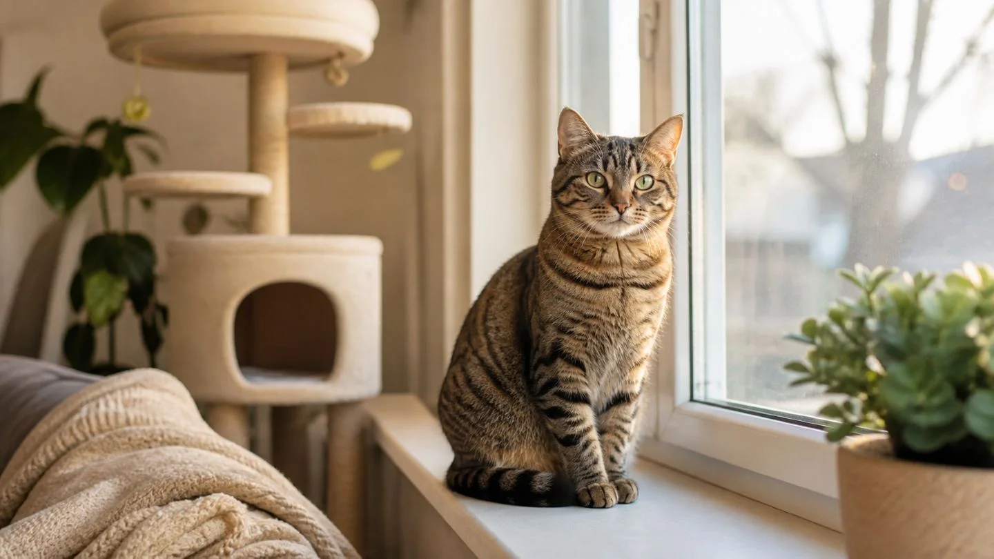 Getigerte Katze sitzt in einer hellen Wohnung auf der Fensterbank, passend zum Thema Wohnungskatze oder Freigänger.